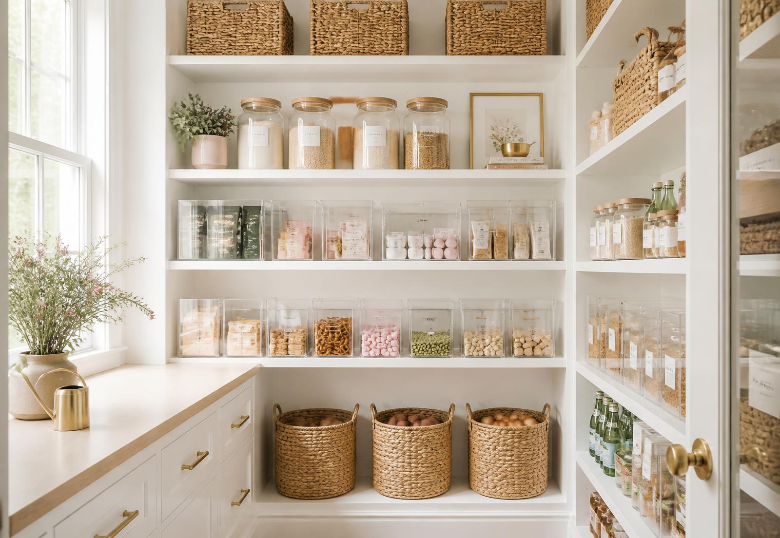 Bright organized pantry with clear bins, glass jars and woven baskets